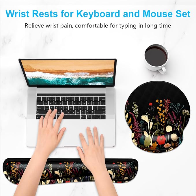 Dapesuom Keyboard Wrist Rest and Mouse Pad with Wrist Support, Cute Memory Foam Cushion for Keyboard and Mouse Set, Desktop Pad Rests with Non Slip Base for Easy Typing & Pain Relief, Floral Cartoon - Image 2