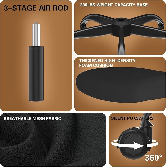 Ergonomic Office Chair for Long Hours, Adjustable Padded Lumbar Support for Lower Back Relief, 330 lb Capacity, Comfortable Computer Desk Chair for Home Office, Work & Study - Image 8