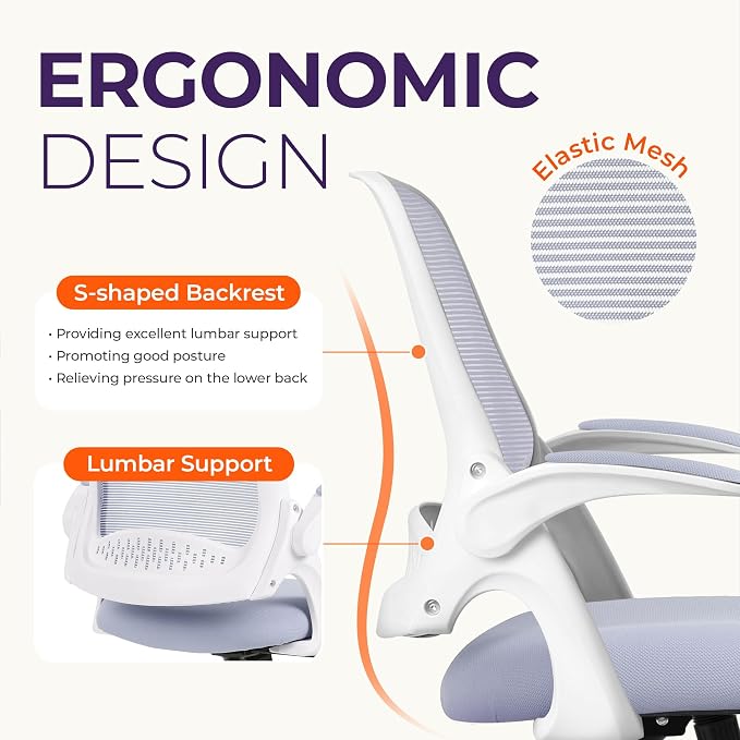 NEO CHAIR Office Desk Chair, Ergonomic Mesh with Flip-Up Armrests, Purple | Lumbar Support, Height Adjustment, 360° Swivel and Rolling Base, Space-Saving Design for Home Office, Vanity or Study - Image 3