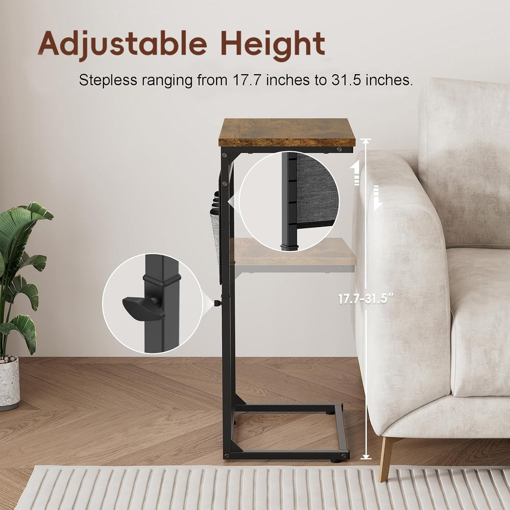 C Shaped End Table, Small Side Table for Couch, Adjustable Height Sofa Table with Metal Frame for Living Room, 33'' Tall Side Table for Couch, Bedroom, Bedside, Rustic Brown and Black - Image 4