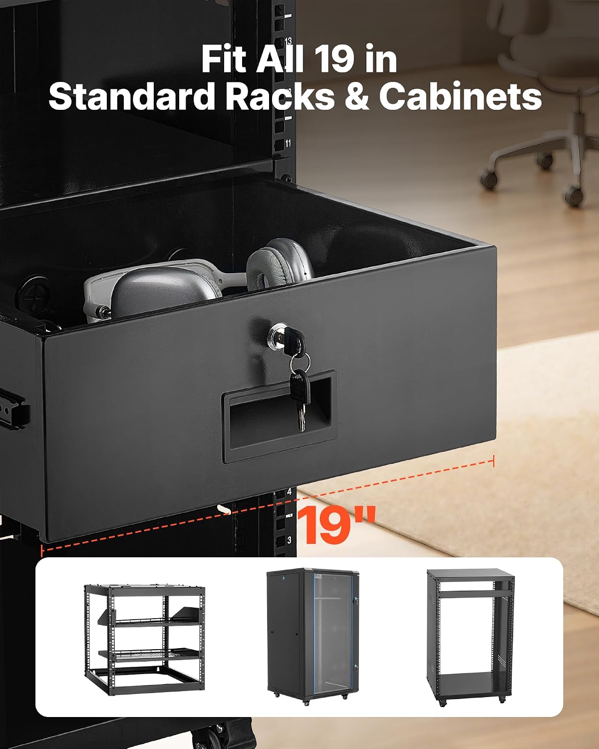 VEVOR 4U Rack Mount Drawer, Lockable Server Cabinet Case, 13.8'' Depth - Image 2