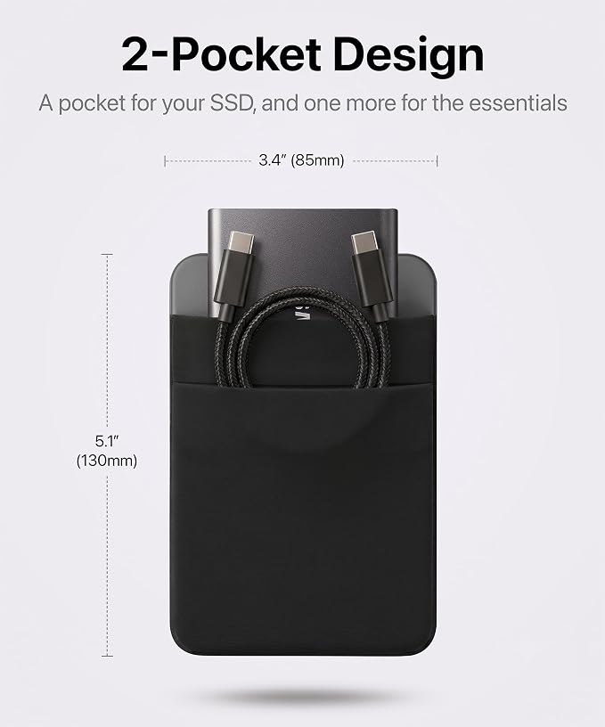 2-Pocket SSD & Hard Drive Holder for Laptop, Reusable 3M Adhesive | Stick-On Sleeve for Portable SSDs | 5.1 x 3.4-Inch Pouch | Separate Pocket for Cables | Built-In Safety Strap - Image 2