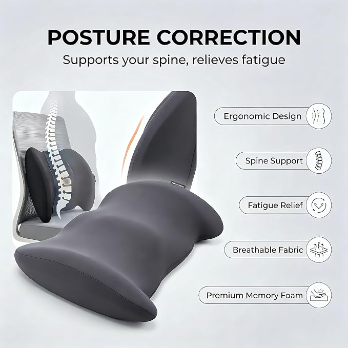 Lumbar Support Pillow Memory Foam Back Cushion for Sciatica & Lower Back Pain Relief Orthopedic Posture Corrector for Office Chair Gaming Chair Car Seat Breathable Washable Dark Gray - Image 3
