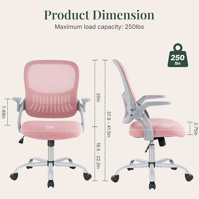 Home Office Desk Chair with Flip-up Armrest, Computer Chair | Lumbar Support, Height Adjustable, Mesh Mid-Back, Ergonomic Task Gaming Chair with 360° Swivel Wheels for Adults, Pink - Image 2