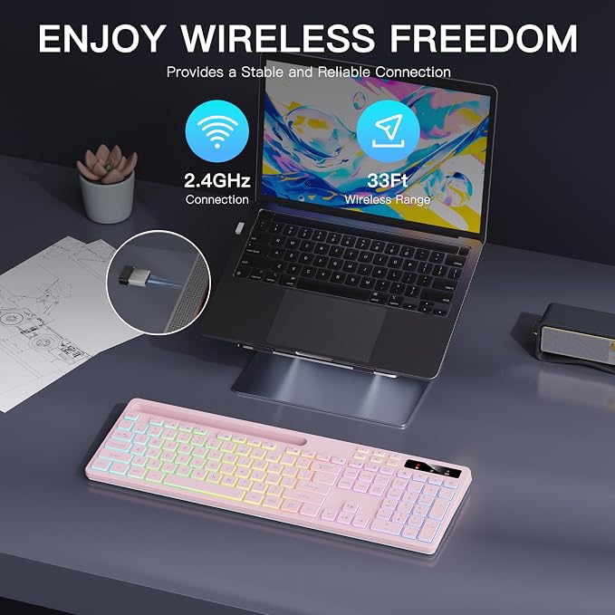 Soueto Wireless Keyboard with 7-Color RGB Backlit, Full-Size Computer Keyboard with Phone Tablet Holder, 2.4G Rechargeable Gaming Keyboard with Light Up Keys, Compatible with Mac, Windows (Pink) - Image 7