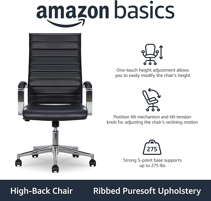 Amazon Basics High-Back Swivel Office Chair with Lumbar Support, Ergonomic Ribbed Faux Leather, Adjustable Height, 45.25" x 24.75" x 23.25", Black - Image 4