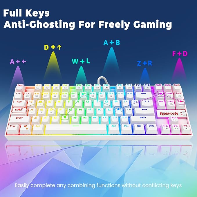 Redragon K552P Mechanical Gaming Keyboard TKL with 18 Backlight Modes, Hot-Swappable Blue Switches, 87-Key Compact Ergonomic Design, N-Key Rollover & Software Programmable Macro - RGB, White - Image 5