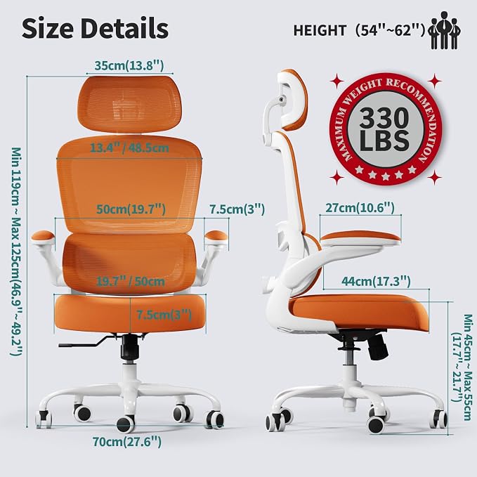 TRALT Office Chair Ergonomic Desk Chair - Gaming Chair with Lumbar Support | 330 LBS Home Office Desk Chairs with Headrest, Reading Chair with Flip-up Armrests, Comfortable Computer Chairs (1, Orange) - Image 2