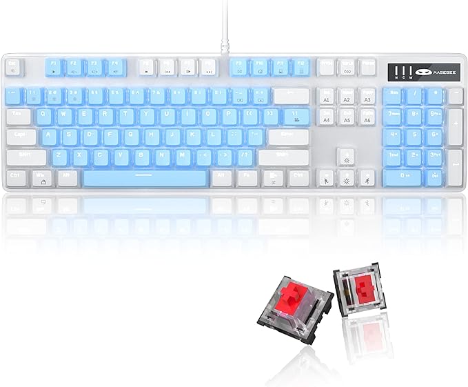 MageGee Mechanical Gaming Keyboard, 104 Keys White Backlit Mechanical Keyboards with Red Switches & Double-Shot Keycaps, Wired Ergonomic Computer Keyboard for Desktop, PC Gamers (White & Blue) by MageGee