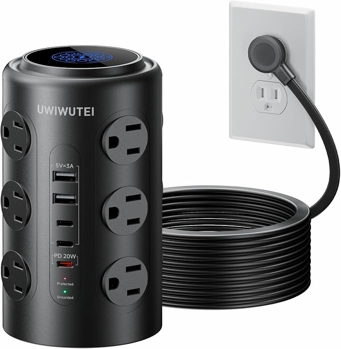 Tower Power Strip with 1 Dedicated PD 20W Fast-Charging Port, 12 Outlets, 5 USB Ports (3 USB-C), Desk Charging Station for Multiple Devices,10FT Extension Cord(Black) by Unknown