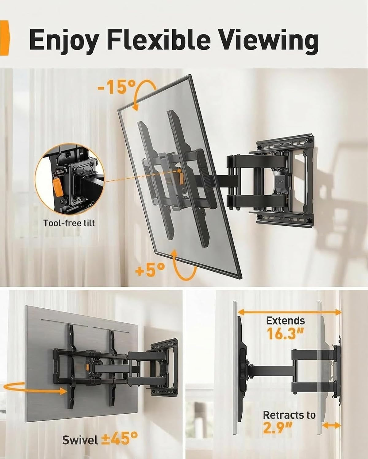 Perlegear TV Wall Mount Full Motion for 42–97 inch TVs up to 132 lbs - Image 6