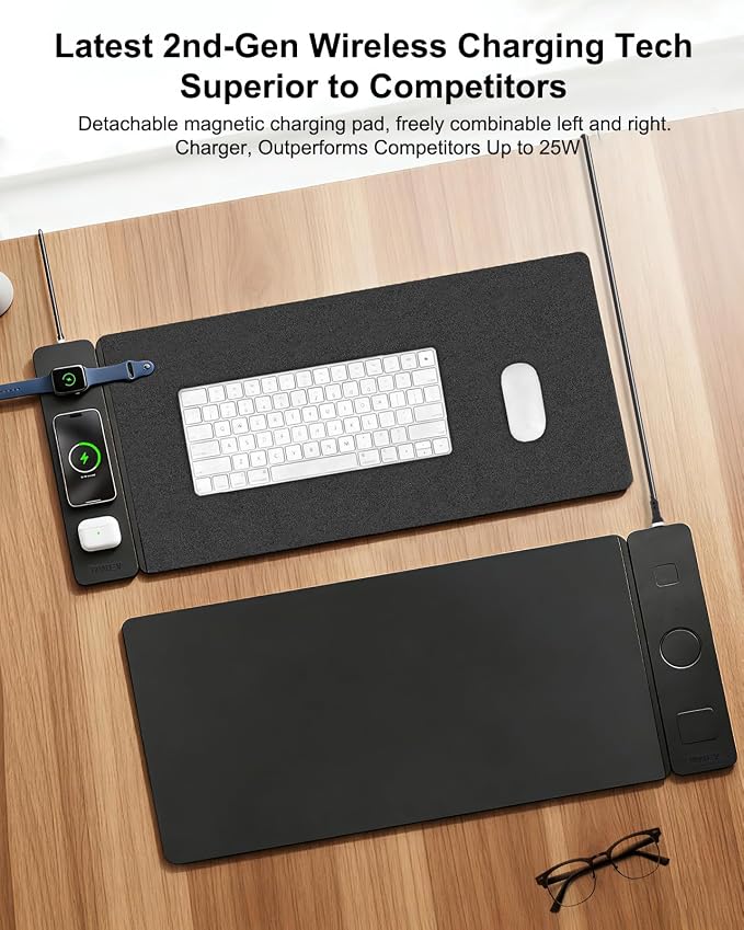 Wireless Charging Mouse Pad with 2nd Gen Tech, 3-in-1 25W Fast Charger, Replaceable Rubber & Microfiber Leather Desk Mat, Large Waterproof Desk Pad for Office & Gaming - Image 2