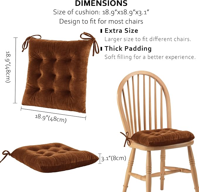 ELFJOY Set of 4 Square Chair Pads Indoor Seat Cushions Pillows with Ties Thick Soft Seat Cushion for Kitchen Dining Office Chair (18", Coffee) - Image 2