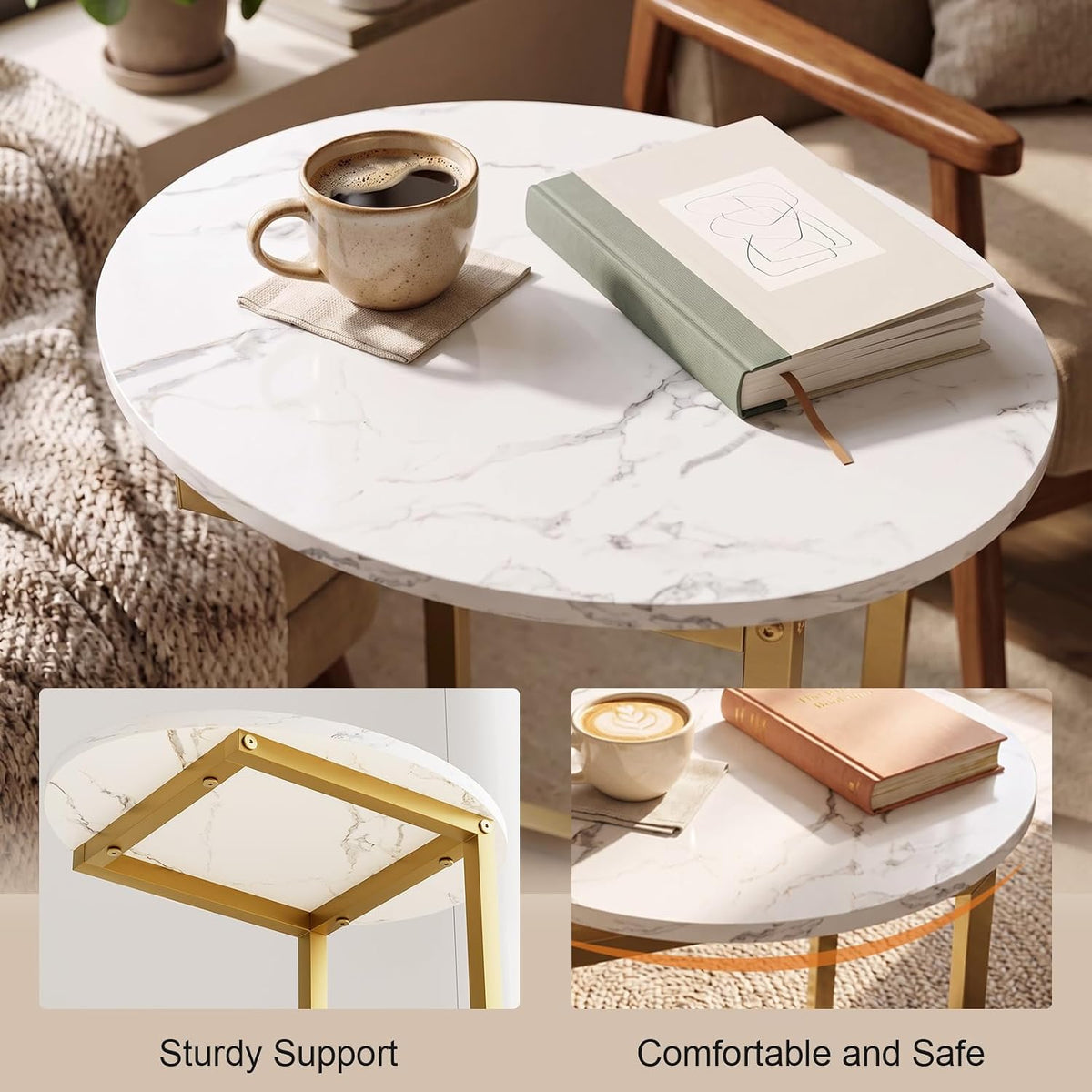 C Shaped End Table, Oval Couch Side Tables for Living Room, Sofa End Table with Metal Frame, Small Wooden Snack Table for Bedroom, Small Spaces, Easy Assembly 2Pcs(Whlite+Gold) - Image 4