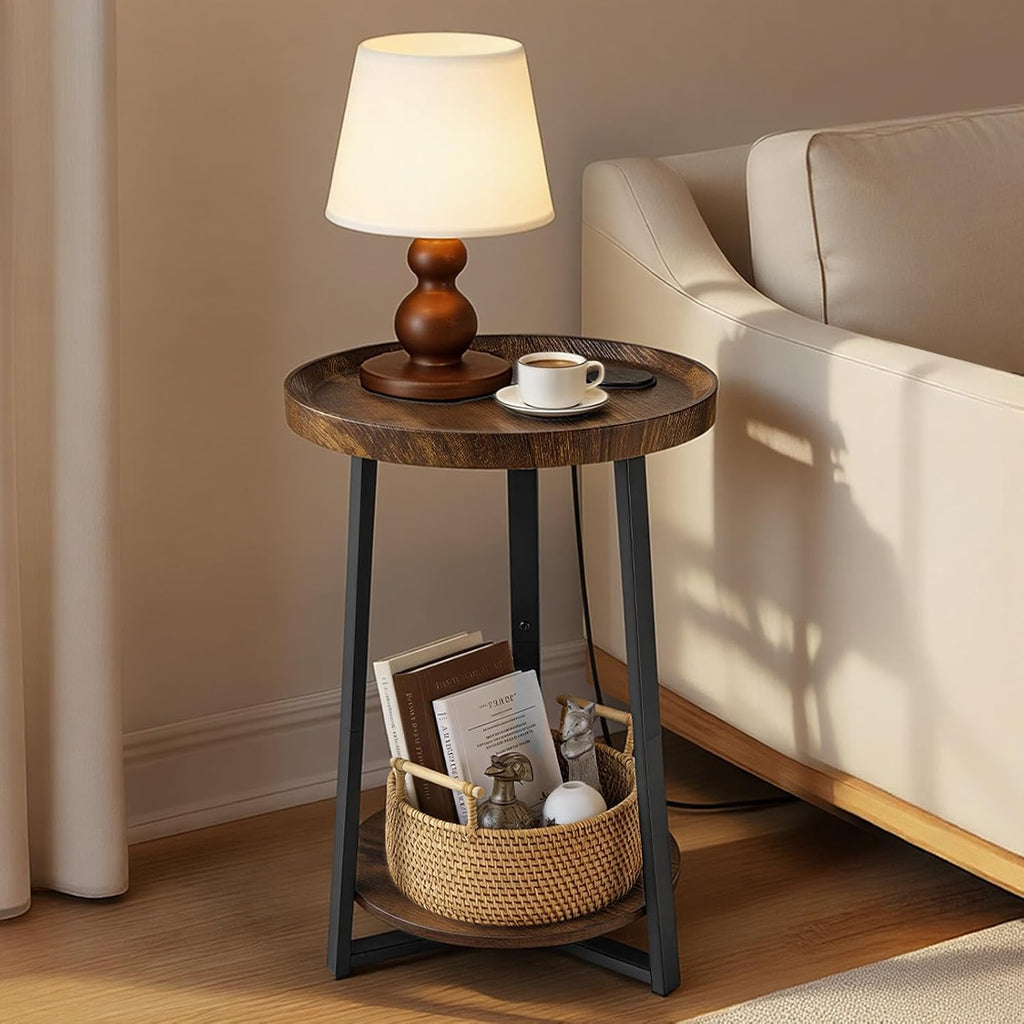 VEVOR Round Side Table with Charging Station, 15.7" Metal Round End Table with Storage Shelves, 4.9ft Power Cord, Modern Nightstand for Bedroom, Living Room, Office – Brown - Image 2