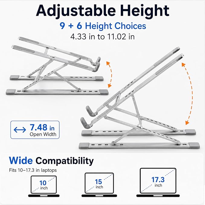 Adjustable Foldable Portable Laptop Stand for Desk Silver | Computer stand ;Portable notebook riser; foldable computer holder for 10–15 inch devices. - Image 2