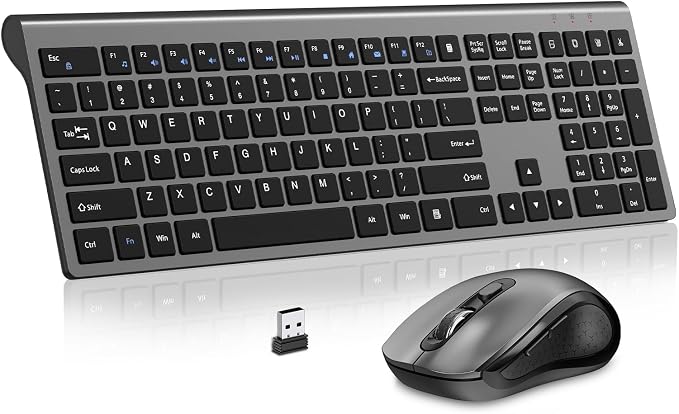 Wireless Keyboard and Mouse Combo, Slim Silent Full Size Computer Keyboard | with Calculator Button, Sleek Design, Long Battery Life, USB Receiver, Quiet Optical Mouse 6 Buttons, for Laptop PC - Gray by Acozykitten