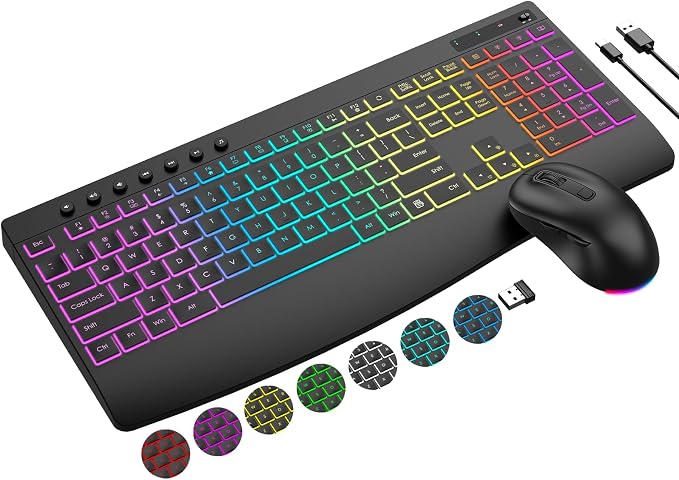 Wireless Keyboard and Mouse Combo, 9 Backlit Effects, 4000mAh Rechargeable Backlit Keyboard with Wrist Rest, 6 Button Mouse, 2.4G Full Size Quiet Keyboard Set for Computer, PC, Laptop, Mac, Windows by EDJO