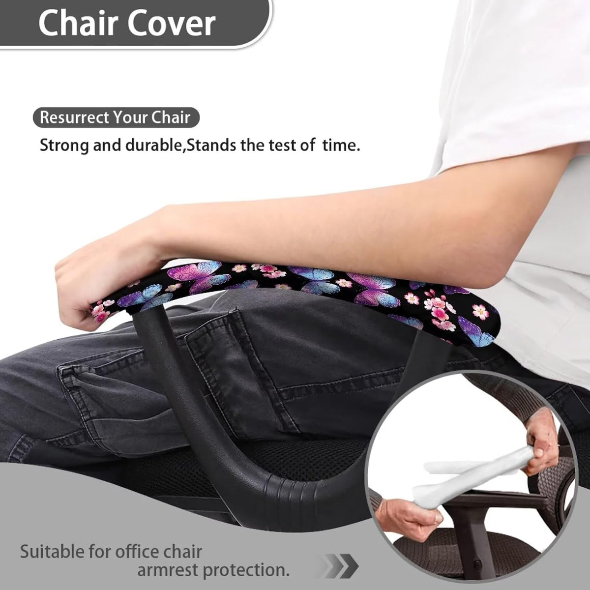 Office Chair Armrest Slipcovers Covers 2Pcs/Set Butterfly Cherry Blossom Print Soft Stretchy Computer Chair Arm Rest Cover Universal Fits Rotating Desk Gaming Chairs, Home Decor - Image 4