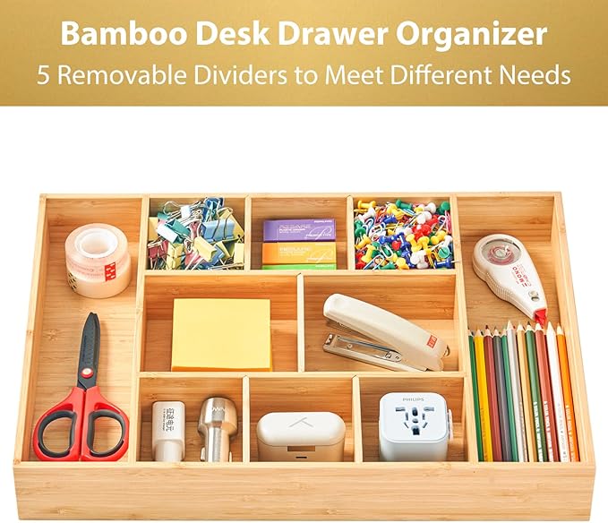 Extra Large Bamboo Desk Drawer Organizer, Wood Junk Organizer Tray with Adjustable Dividers, Anti-Skip Storage Organization in Office Bathroom Drawer for Vanity, Makeup, 17" x 12" - Image 2