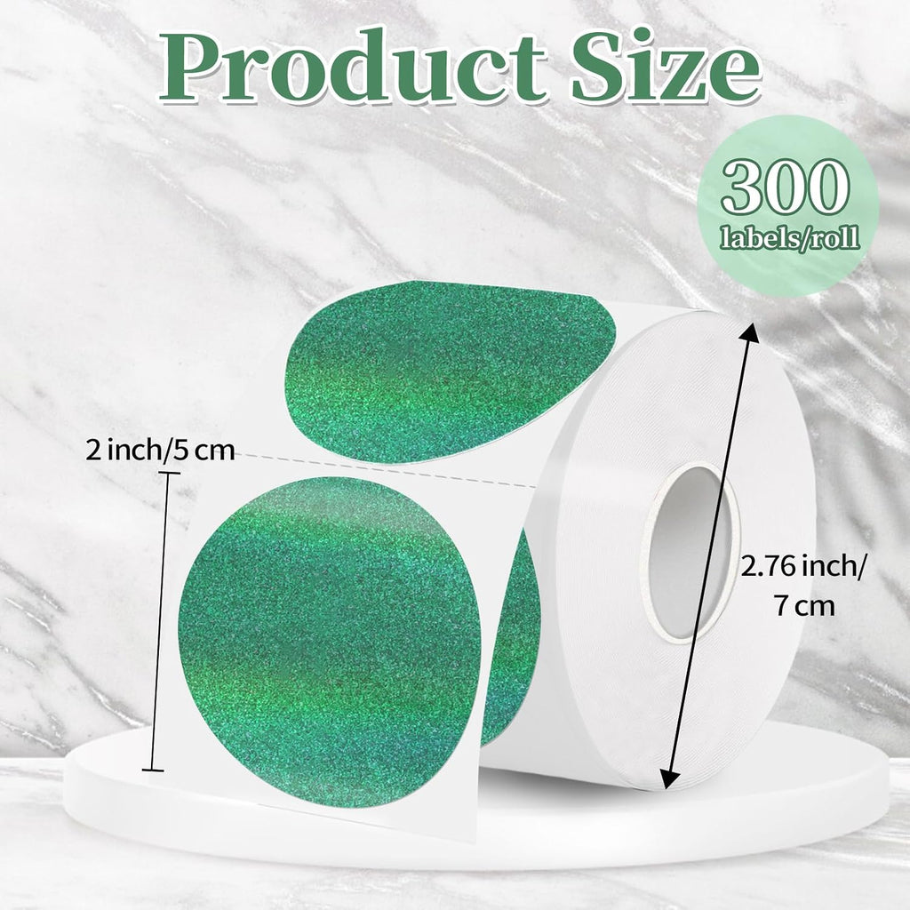 2 Inch Holographic Thermal Labels,Green Round Thermal Printer Labels,Printable Round Thermal Printer Labels Self-Adhesive Direct Thermal Label(300 Labels/Roll Green) - Image 2