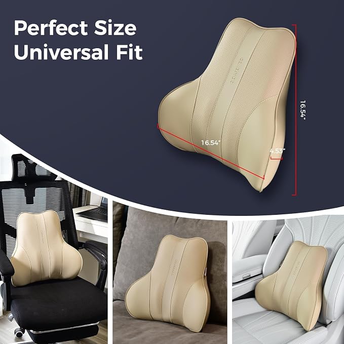 Coverado Lumbar Support Pillow for Car, Ergonomic Memory Foam Back Pillow for Office Chair, Back Cushion for Back Pain Relief, PU Leather Car Lumbar Support for Driving Seat - Beige - Image 7