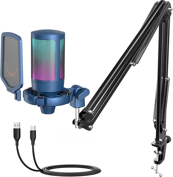 FIFINE A6TB USB Streaming Microphone Kit, RGB Condenser Mic with Boom Arm | Mute Button, RGB Indicator, Gain Control, Cardioid pickup, Pop Filter, for PC PS5/Mac Gaming Discord Twitch Podcasts by FIFINE