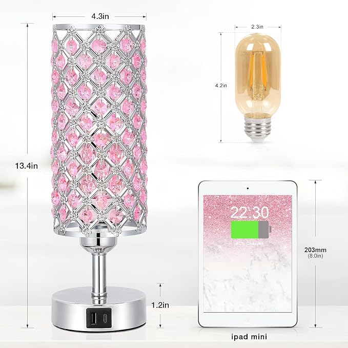 Crystal Table Lamp, 3 Way Dimmable Touch Lamps for Night Stands, Pink | Pink Crystal Touch Lamp with USB C+A, 3-Way Dimmable Bedside Lamp - Image 5