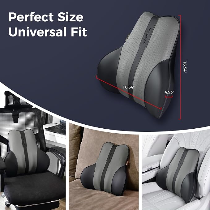 Coverado Lumbar Support Pillow for Car, Ergonomic Memory Foam Back Pillow for Office Chair, Back Cushion for Back Pain Relief, PU Leather Car Lumbar Support for Driving Seat - Black&Gray - Image 7