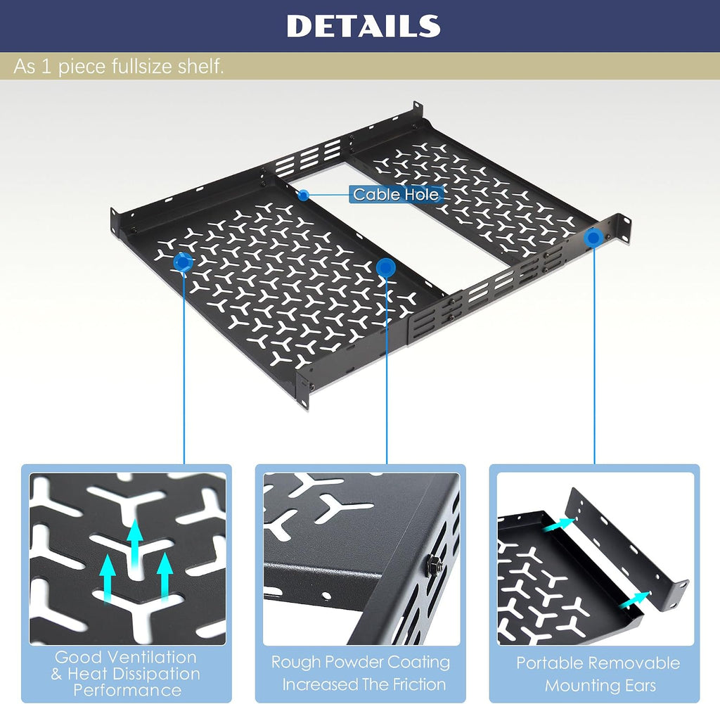 1U Rack Shelves (2-Pack), 1 PCS 8" Deep Cantilever & 1 PCS 12" Deep Cantilever, with Optional Joints to Combine as One Full Size Server Rack Shelf - Image 4