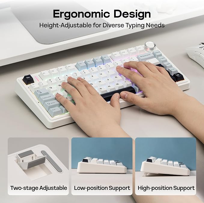 EPOMAKER x Aula F75 Gasket Mechanical Keyboard, 75% Wireless Hot Swappable Gaming Keyboard with Five-Layer Padding&Knob, BT/2.4GHz/USB-C, RGB (Light Blue, Ice Vein Switch) - Image 7