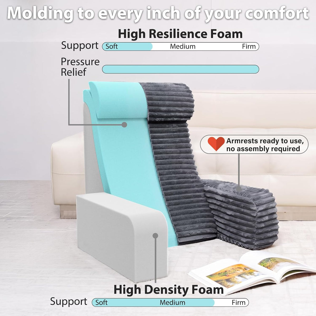 24" XXL Back Pillow for Bed Sitting Up with Armrests & Big Pockets - Image 3