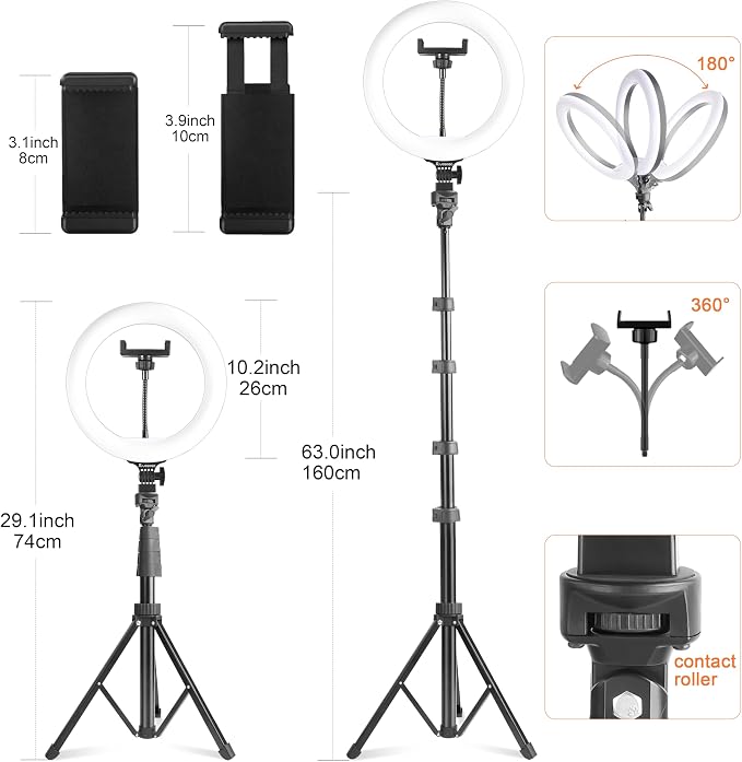 UEGOGO 10'' Ring Light with 72'' Tripod Stand, Dimmable LED Ringlight for Live Stream, Photography, Makeup, Video Recording - Image 3