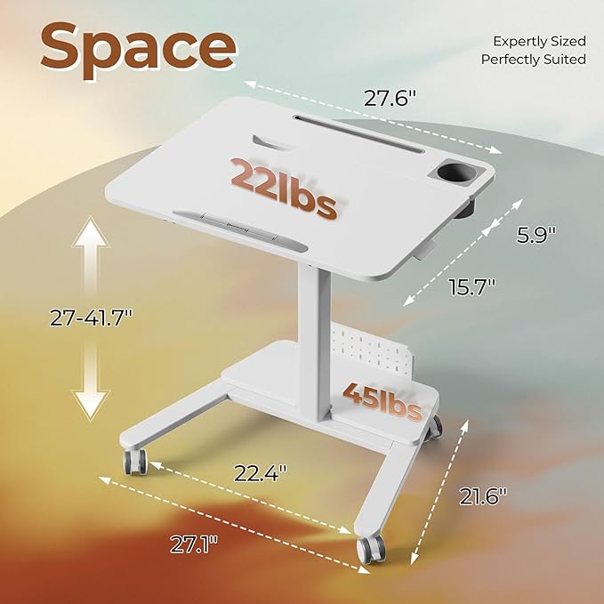 Mobile Standing Desk with Storage Shelf & 60° Tiltable Top | 28" Height Adjustable Rolling Laptop Desk on Wheels, Portable Computer Workstation for Working, Drawing, Crafting, White - Image 2