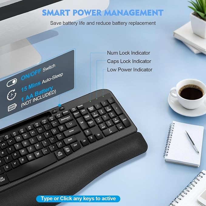 EAYBLLY 2.4G Wireless Ergonomic Keyboard, Full Size Wave Keys with Memory Foam Wrist Rest & 7.28in Phone Holder, USB-C Adapter Included for Windows Mac Chrome OS, Office or Home (Black) - Image 8