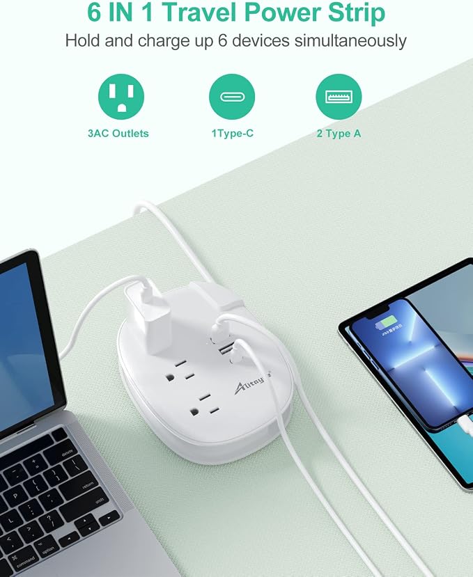 Alitayee USB C Travel Power Strip,3 Outlets 3 USB Ports,4ft Extension Cord | 3 USB Ports,Portable Power Strip,4ft Wrapped Around Extension Cord,Flat Plug,No Surge Protector,For Cruise Travel Home Office - Image 3