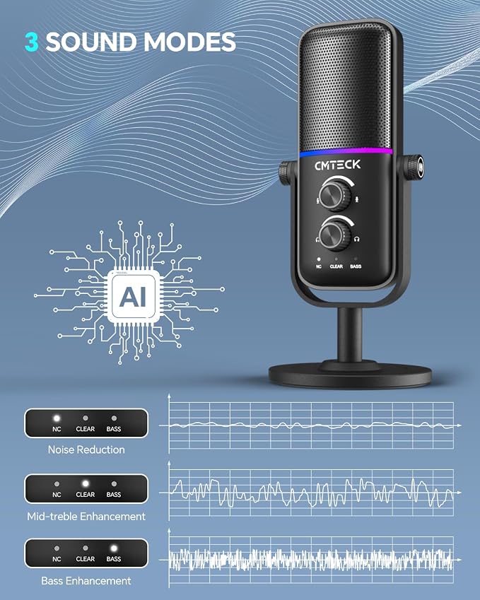 CMTECK USB Microphone for PC, PS4/PS5, Laptop – Computer Microphone with RGB Lighting, Mute Button, Mic Gain, Plug & Play, 3 Sound Modes for Streaming, Podcasting, Recording - Image 3