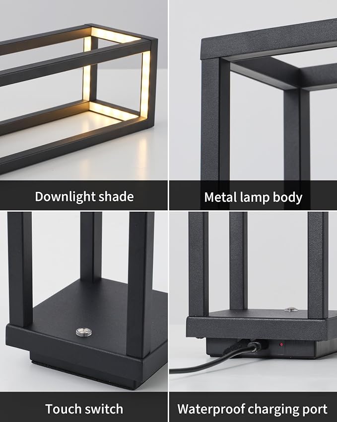 PUSU Cordless Waterproof Table Lamps Set of 2, Black LED Outdoor Desk Lamp | Rechargeable 4000mAh Battery Operated, 2700K 3-Level Dimmable, Portable Lighting for Patio, Camping, Bedroom, Night Light - Image 9