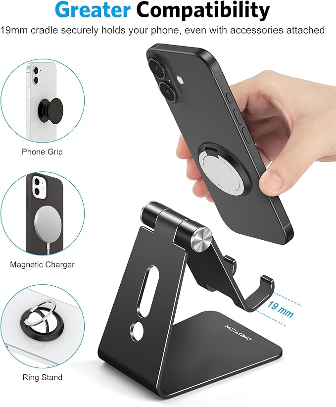 OMOTON C2 Adjustable Aluminum Cell Phone Stand with Charging Cutout, Black | Sturdy 3mm Base with Non-Slip Silicone Pads, Multi-Angle, Works with 19mm Thick Cases Smartphones, Desktop Recording Facetime - Image 5