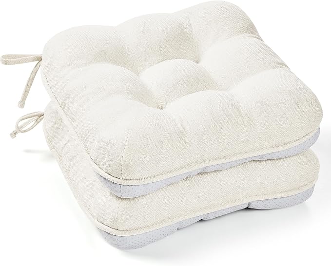 BETU White Chair Cushions for Dining Chairs Set of 2,3.5" Thick Kitchen Table Chair Pads with Ties,Non Slip Backing and Covers, Seat Cushion for Dining Room,Bar,Patio Chairs,15.5"X15.5"X3.5",White by BETU
