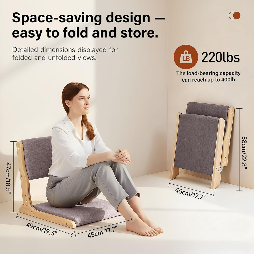 Tiita 2-Pack Foldable Meditation Floor Chairs with Back Support, Wood Grey - Image 2