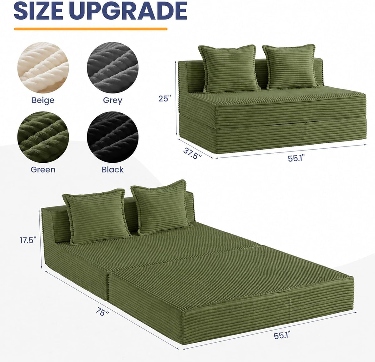 Folding Sofa Bed, 8" Convertible Sleeper Sofa Boneless Couch Fold Out Chair Bed with Pillow, Portable Floor Couch Lounge Sofa for Living Room Bedroom Guest Room (Green, Loveseat) - Image 2