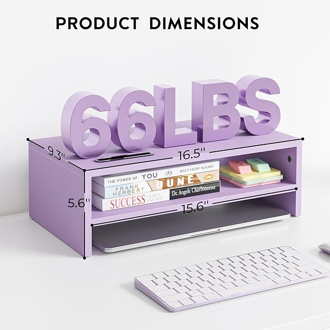 BONTEC Wooden Monitor Stand Riser for Desk, 2-Tier Computer Monitor Stand | 66 lbs Desk Shelf Organizer with Storage, Laptop & Printer Stand with Phone Holder and Cable Management, Purple, 16.5 Inch - Image 6