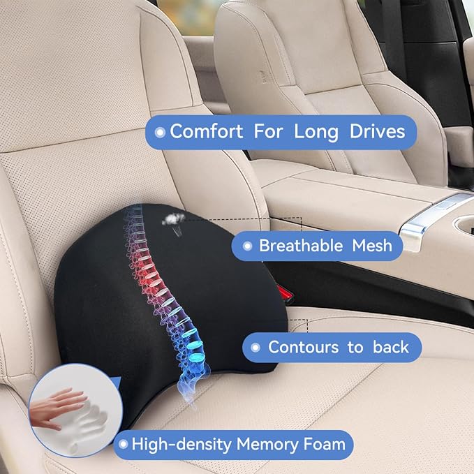 Really Supportive Lumbar Support Pillow for Car, Back Support Lumbar Pillow | 100% Memory Foam - Breathable Removable Cover, Ergonomic Design - Improve Sitting Posture & Back Pain Relief(Black, 1PC) - Image 7