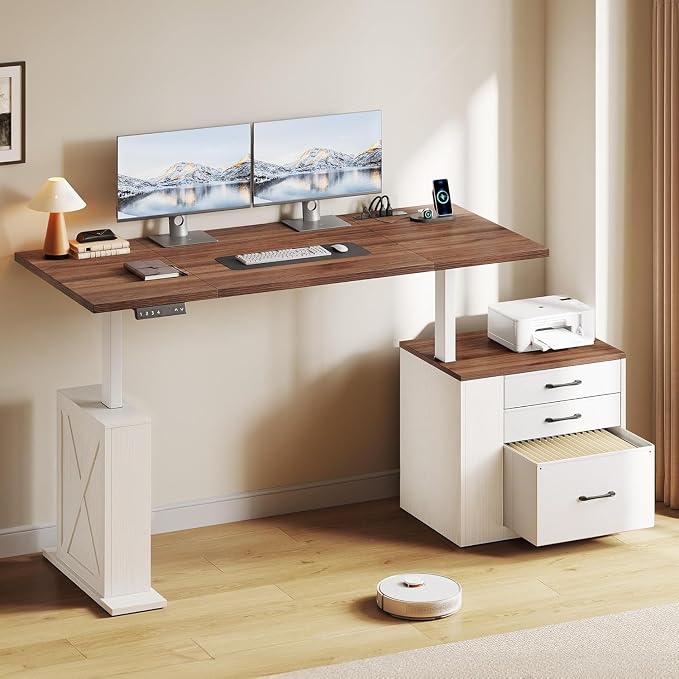 75.5'' Electric Standing Desk with Drawers Corner Desk White | Farmhouse Adjustable Sit Stand Office Desk with 4 AC Outlets & Type C Port, Executive Computer Desk - Image 8