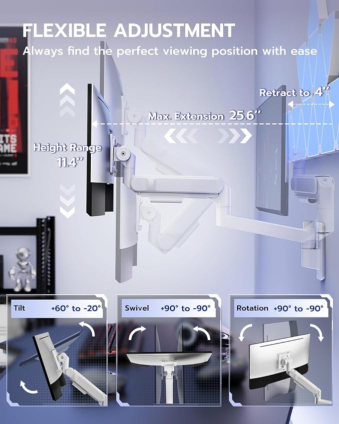 ARES WING Monitor Wall Mount for 24-57 Inch Ultrawide Screen, White | Premium Heavy Duty Gaming Monitor Arm for 60 lbs, Full Motion Gas Spring, Bearing Head for Easy Adjustment, 75/100 VESA Mount - Image 4