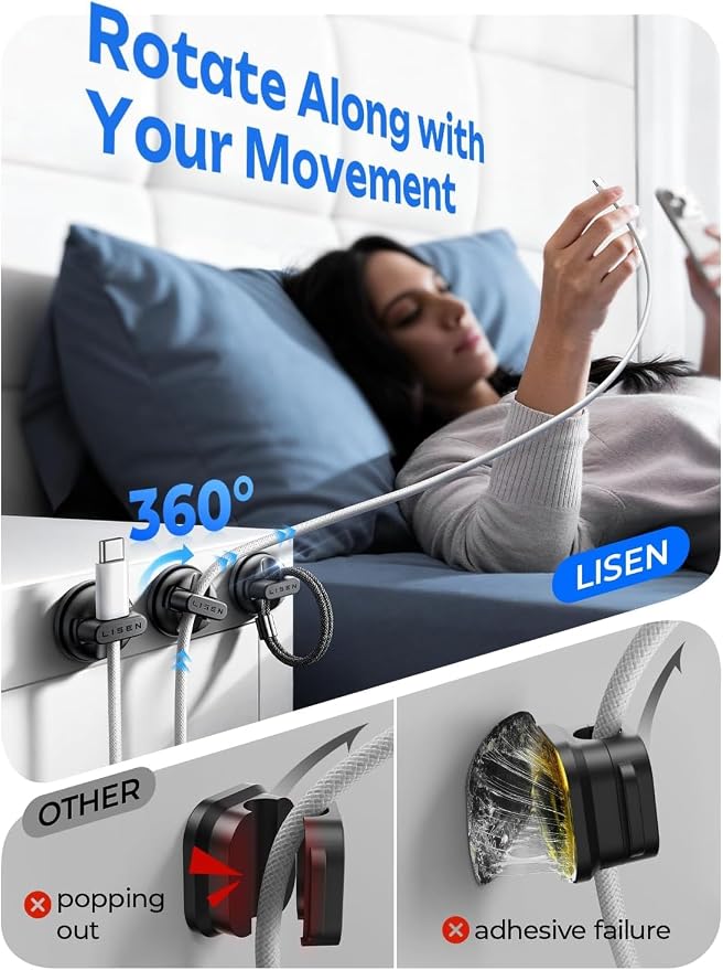 6-Pack 360°Rotating Cord Holder for Nightstand, LISEN Magnetic Clips | No-Residue Strong Adhesive Cord Organizer for Desk, Phone Cord Holder for Home, Car, Office Desk Accessories - Image 3