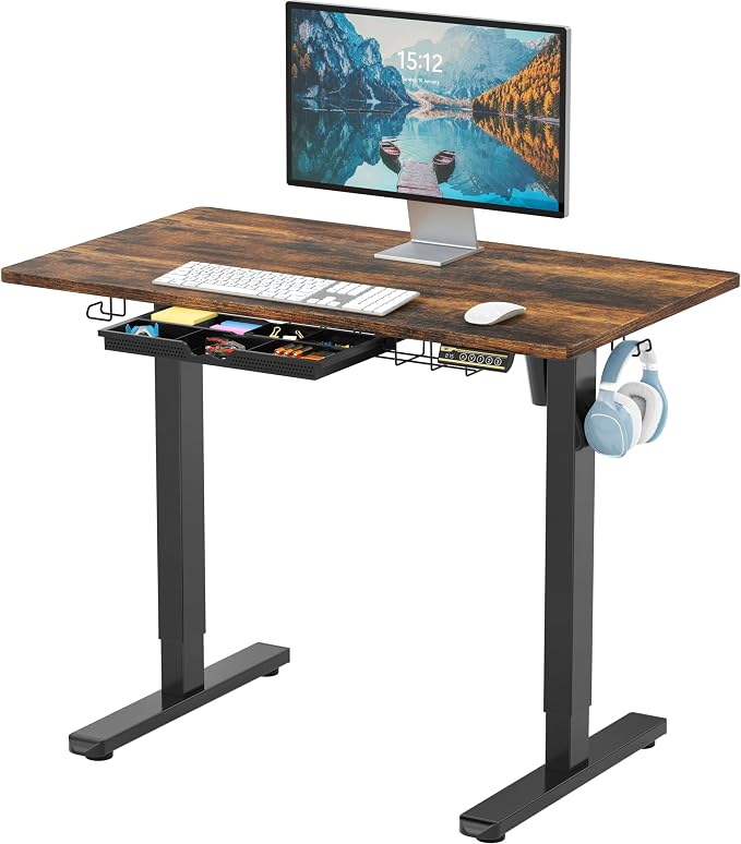SHW 40-Inch Electric Height Adjustable Standing Desk w/Drawer, Rustic Brown | w/ Memory Presets and Cable Management | Drawer with adjustable compartments | Hanging Hooks by SHW