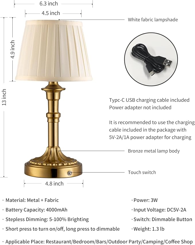 KDG Gold Cordless Portables Table Lamp, Beige Fabric Shade Small Desk Lamp | 4000mAh Battery Powered, LED Lighting, 2700K Stepless Dimmable, Light for Living Room, Dining Room, Bedroom, Home Decor - Image 5