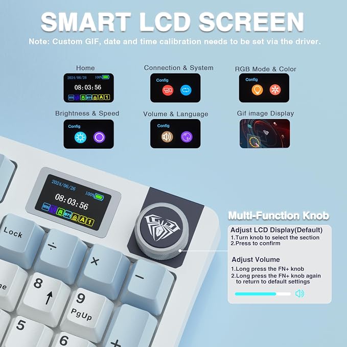 AULA S98 Pro Wireless Mechanical Keyboard,Smart Screen & Knob,Tri-Mode BT5.0/USB-C/2.4GHz Creamy Keyboard,Pre-lubed Linear Switches,Hot Swappable RGB Backlit Computer Gaming Keyboards - Image 3
